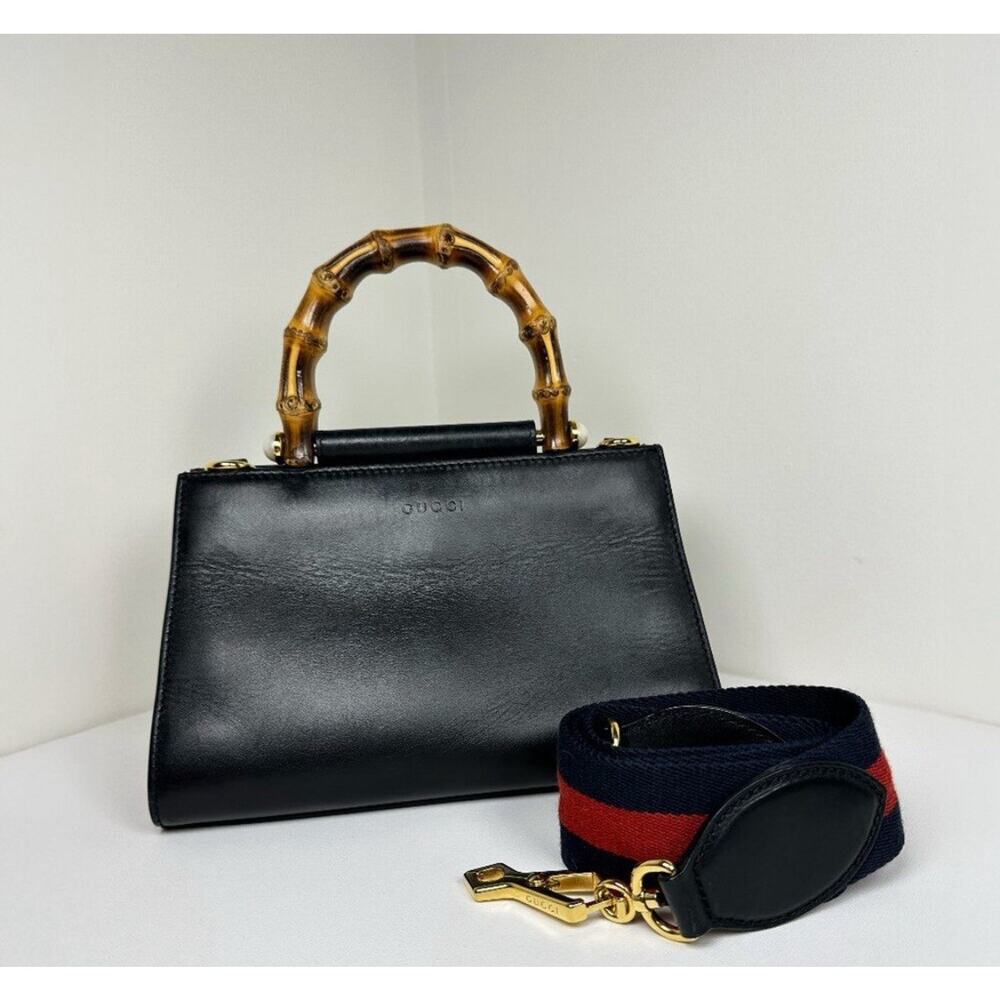 Gucci Nymphaea Bamboo Medium Calfskin Black Leather Top Handle 2-Way Bag Auth - Picture 1 of 2
